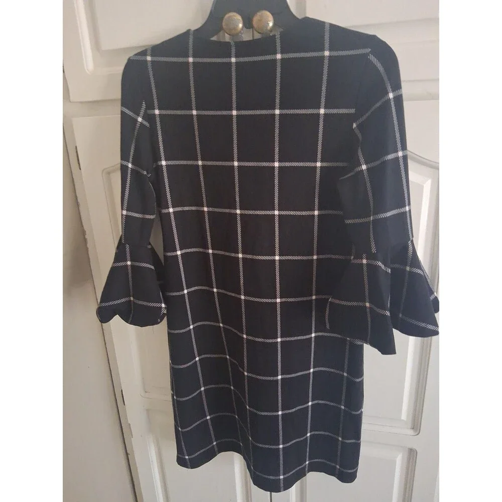 Jude Connally Lyla Shift Dress Black White Windowpane Bell Sleeve Size S